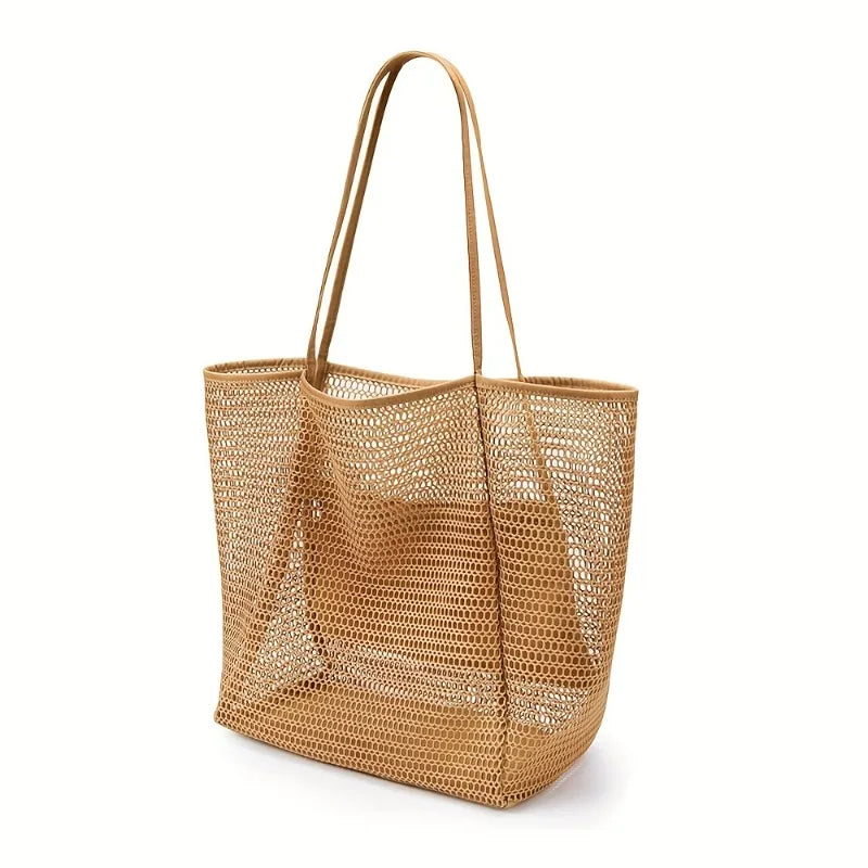 Women's Large Capacity Beach Tote Bag - Durable Polyester Woven Shoulder Bag