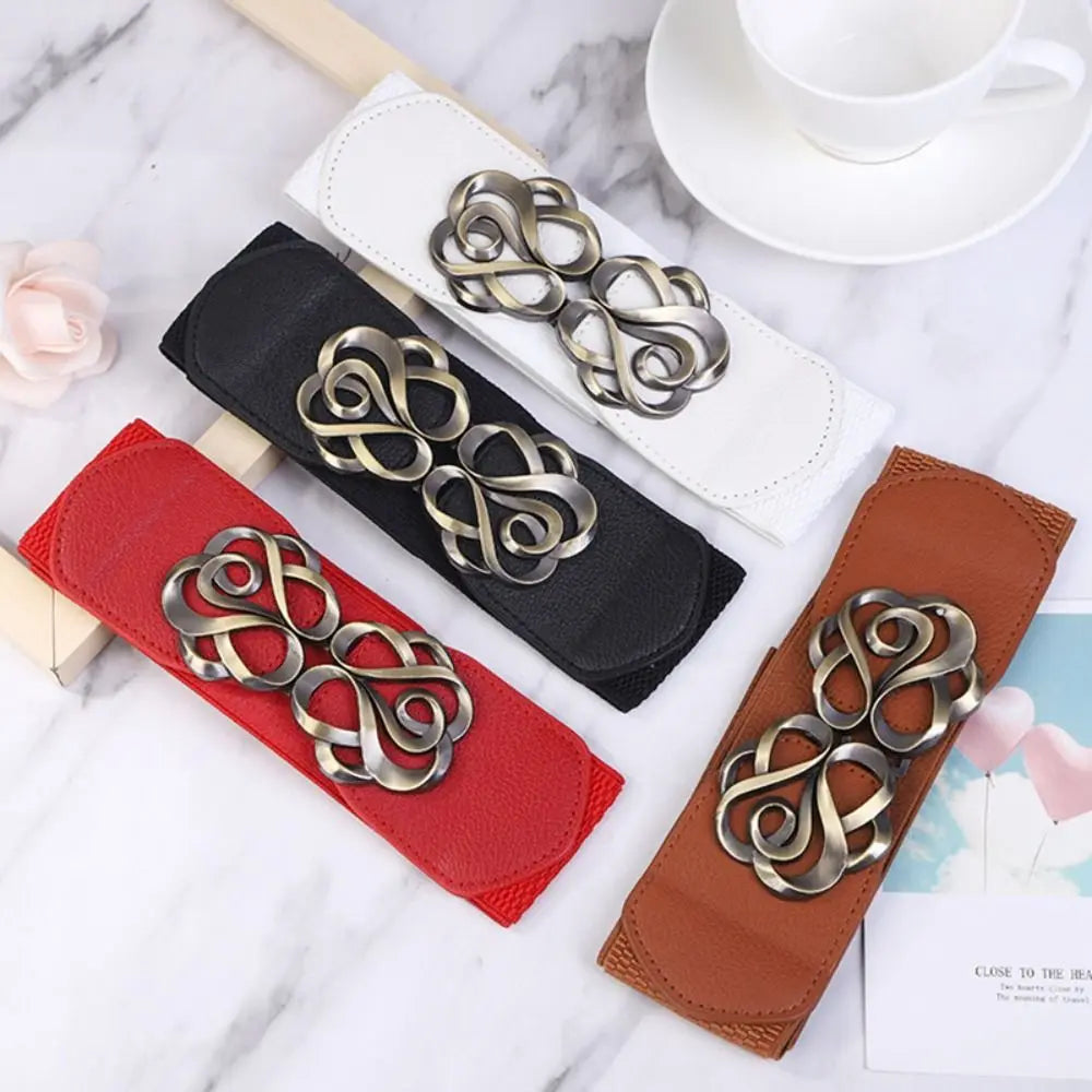 Women Leather Belt for Dress Elastic Brass Retro Buckle Overcoat