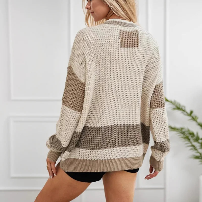 Color Block Button Down Knit Cardigans Loose Casual Pockets