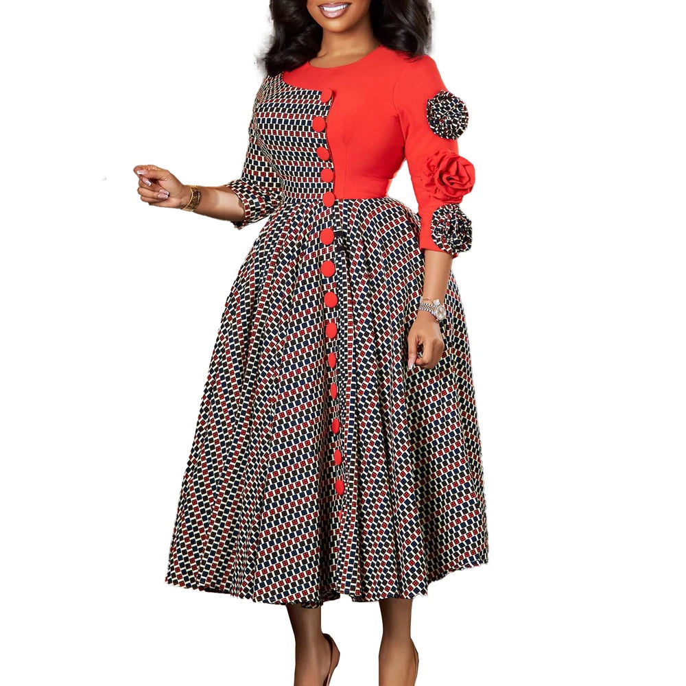 African 3/4 Sleeve Party Birthday New Robe Chic Flower Plaid Evening Dress