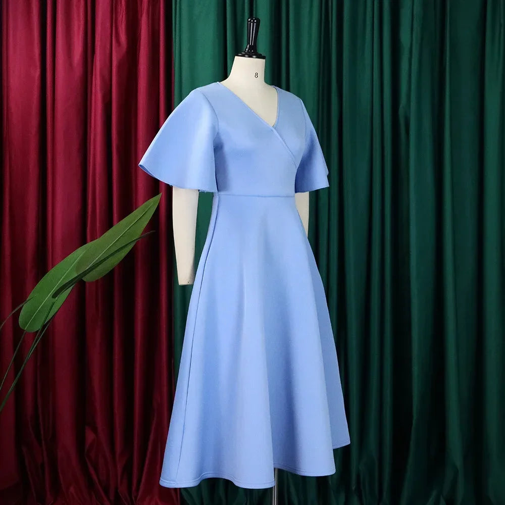 V Neck Flare Sleeve High Waisted Pleated A Line Mid Calf Luxury Dress