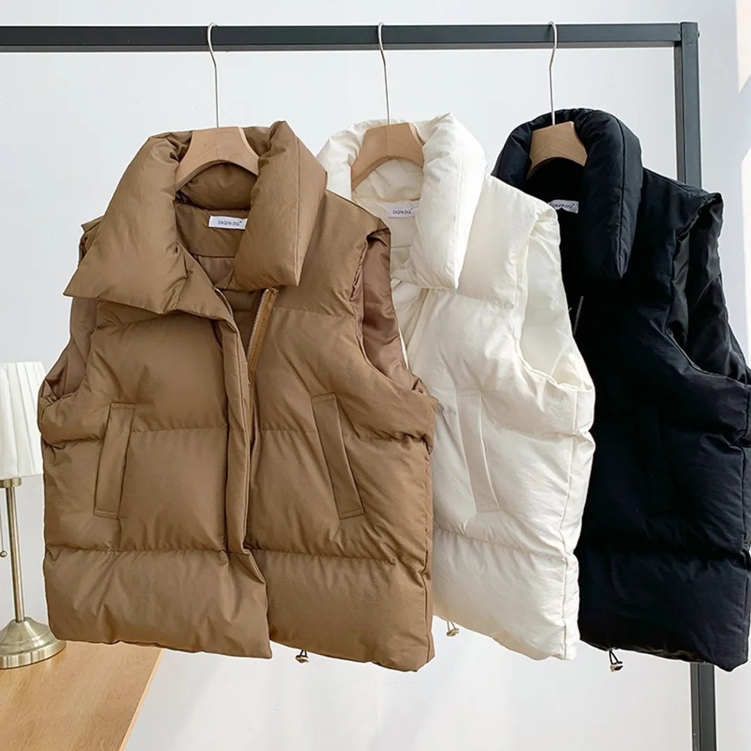 Stand Collar Elegant Down Coats Warm Outerwear Casual Belt Sleeveless Jackets