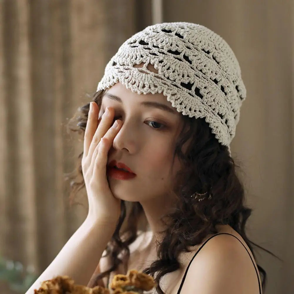 Ladies Hollow Out Lace Jacquard Hat Soft Manual Crochet Knitted Hat