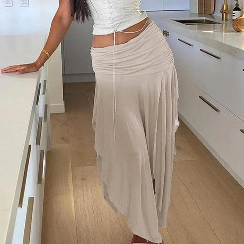 Women's Drawstring Long Skirt Split Hem Loose Midi Skirt