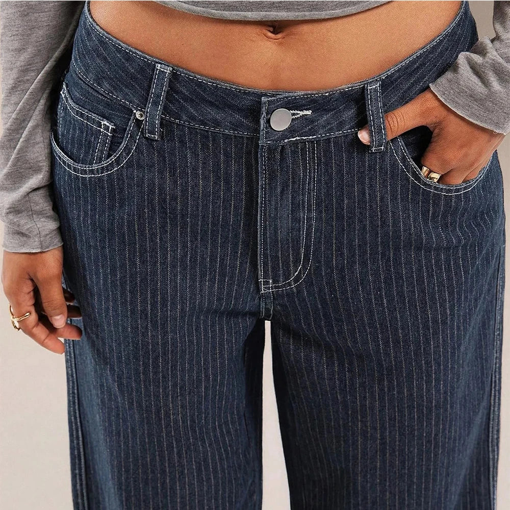 Women Mid Waist Jeans Wide Leg Trousers