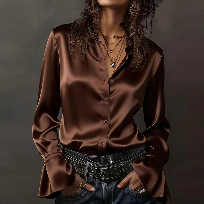 Elegant Blouses For WomenFlare Long Sleeve Button Silk Blouse