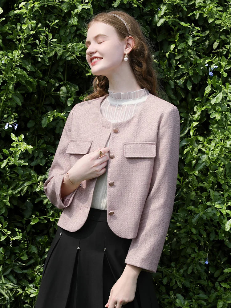 Crew-neck Single-breasted Coats Retro Elegant Light Luxury Jackets