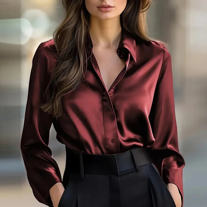 Elegant Blouses For WomenFlare Long Sleeve Button Silk Blouse