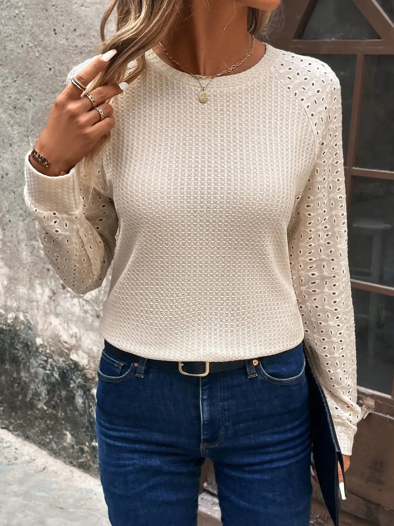 Women's Solid Apricot-Colored Sweatshirt with Lace Sleeves