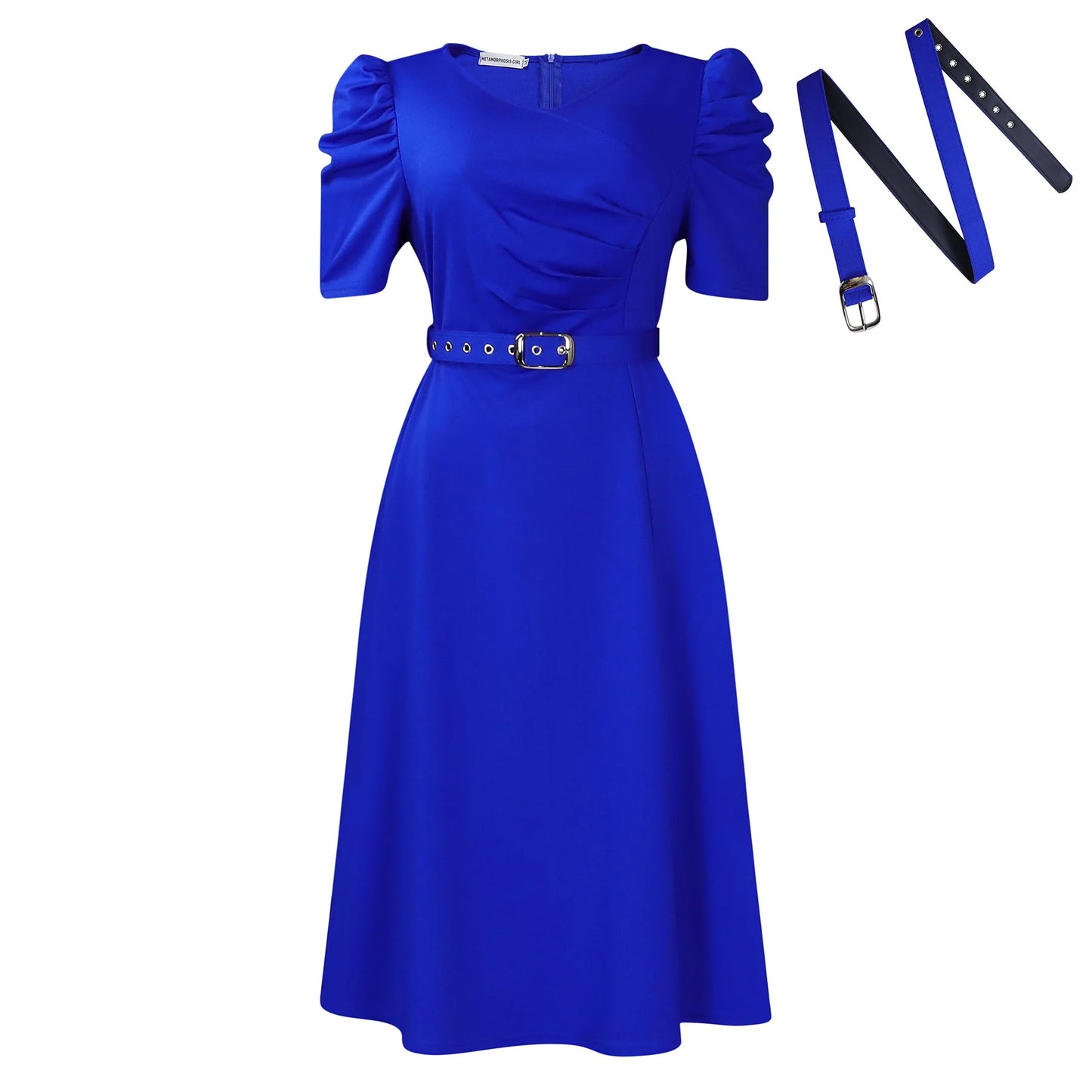 V Neck Short Sleeve Belt Waisted Pleated Party Dress