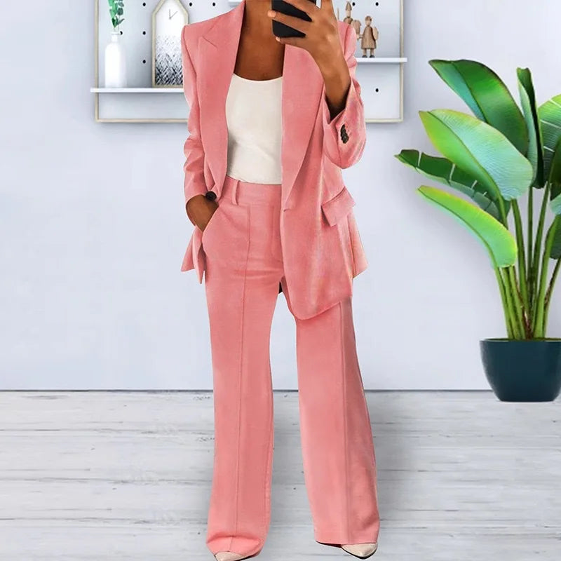 Women's Sets Two 2 Pieces Casual Pocket Single Button Blazer Jackets& High Elastic Waist Workwear Wide Leg Pant Suits