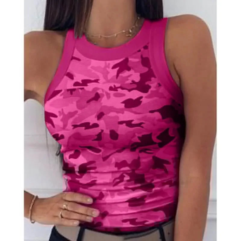 Women's  Tops Tanks Camis Digital printed round neck I-shaped vest