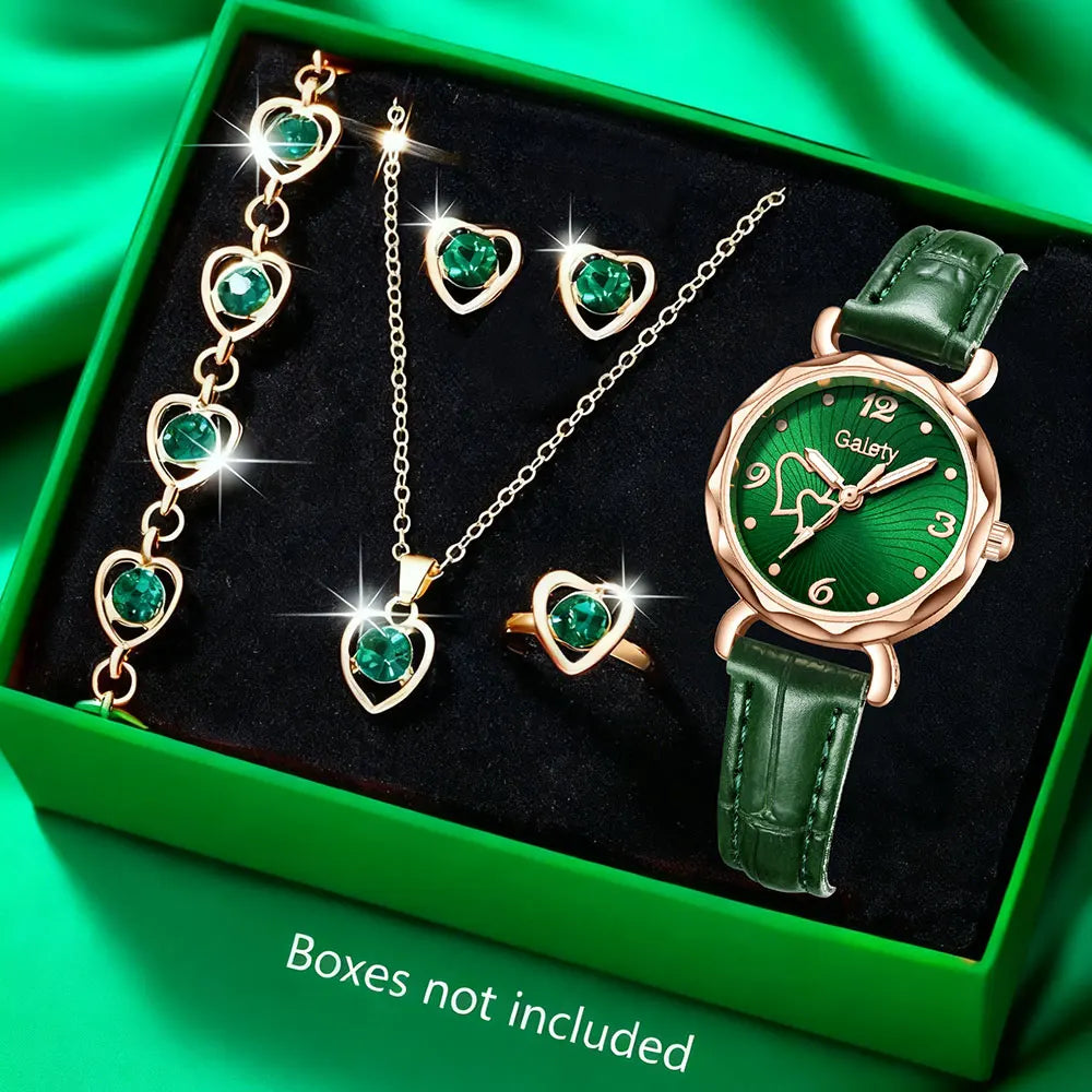 Women Fashion Watches Heart Rhinestone Ring Necklace Earring Jewelry Set