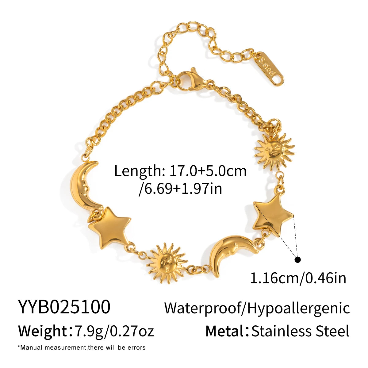 Star Moon Bracelet 18K Gold Plated Stainless Steel Sun Bracelet
