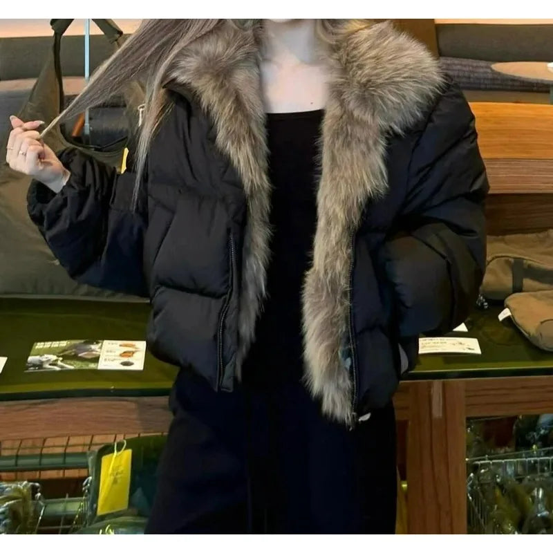 Short Puffer Jacket with Large Fur Collar for Women