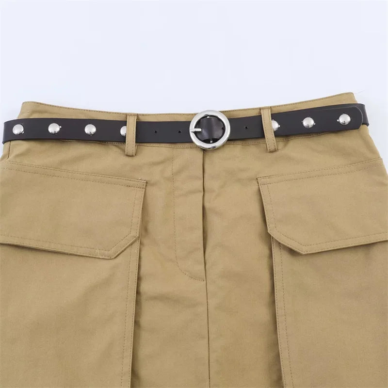 Women's Half Skirt  Khaki with Belt and Pocket