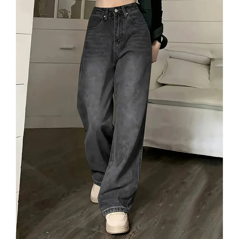 Female High Waist Streetwear Designer Wide Leg  Classic Gray Goth Straight Leg Pants