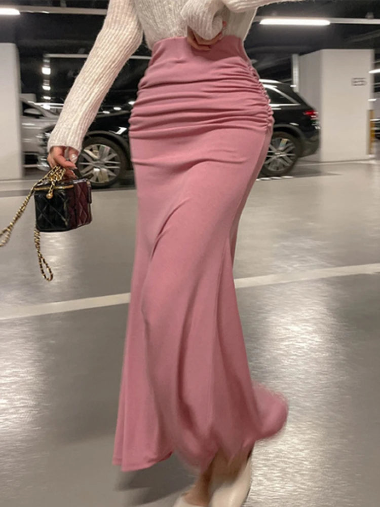 Shirring Satin  High Waisted Skirt