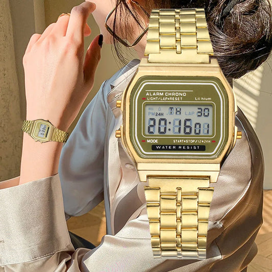 Elegant Digital Watch For Women Gold Silver Stainless Steel