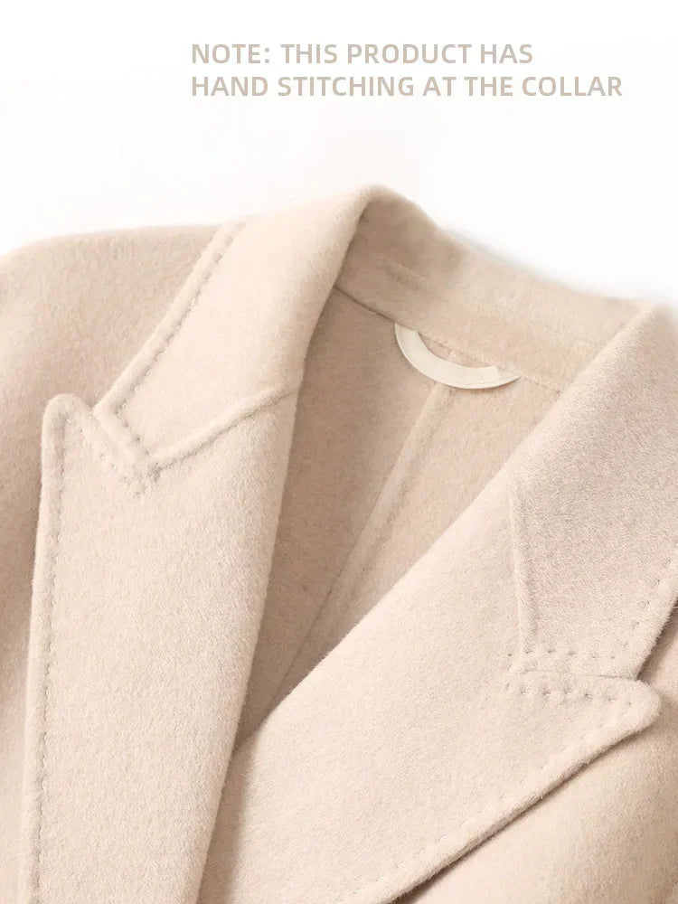 Wool Peak Lapel Overcoat Belt Double-Breasted Long Jacket Trench Coat