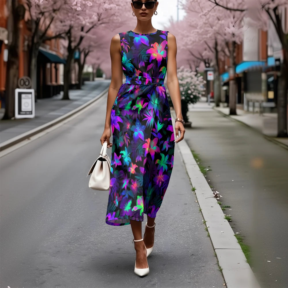 Breathable A-Line Sleeveless Chic Blue & White Dress