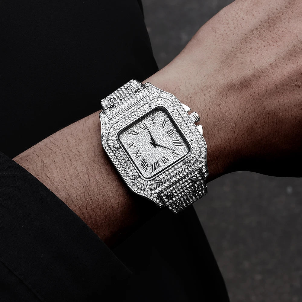 5Pcs Silver HipHop Watch Set Ice Flash Men Women