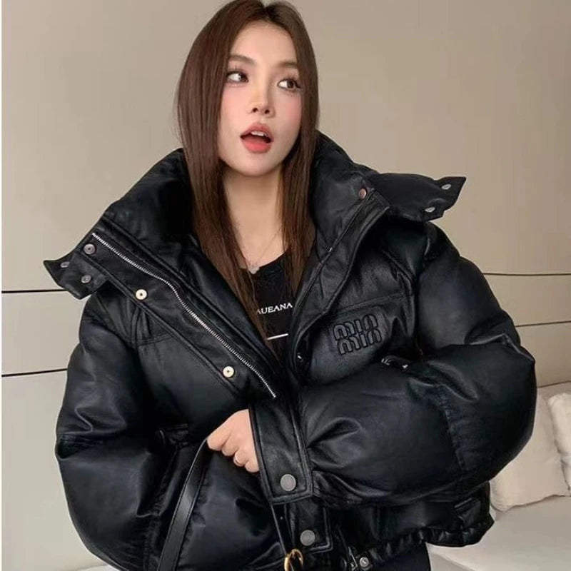 2025 Women's Pu Skin Down Cotton Jacket Versatile Hooded Lady Coat