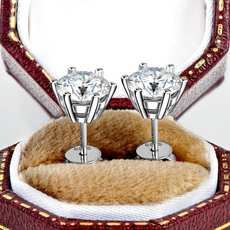 Moissanite Men Earrings Original 925 Silver 2CT Round Diamond Piercing Studs