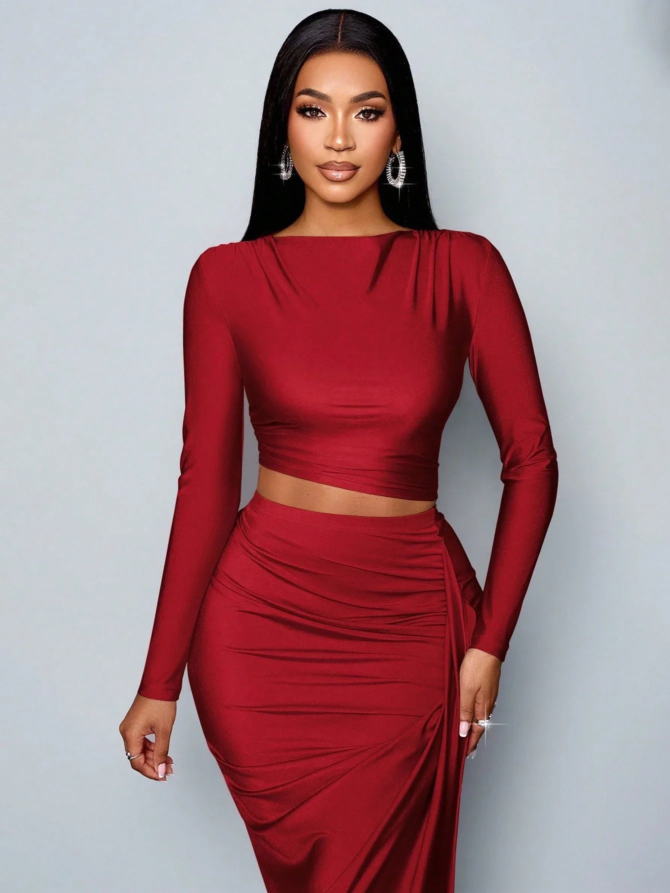 Women's Two-piece Set: Solid Color Elegant Leisure Long-sleeve T-shirt and Fitted Pleated Side set