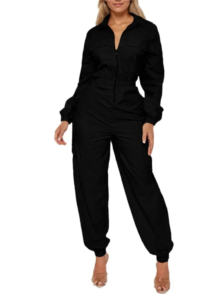 Women's Pocket Elastic Waist Zipper Jumpsuit