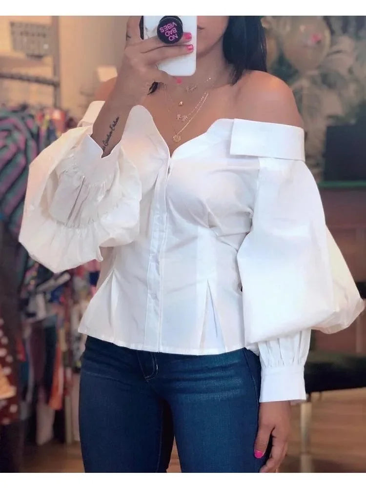Elegant White Shirts for Women Lantern Sleeve Off Shoulder Top