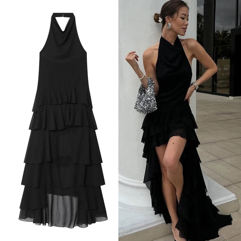 Pleated  Backless Corset Sleeveless Asymmetrical Layered Ruffled Tulle Halter Dress