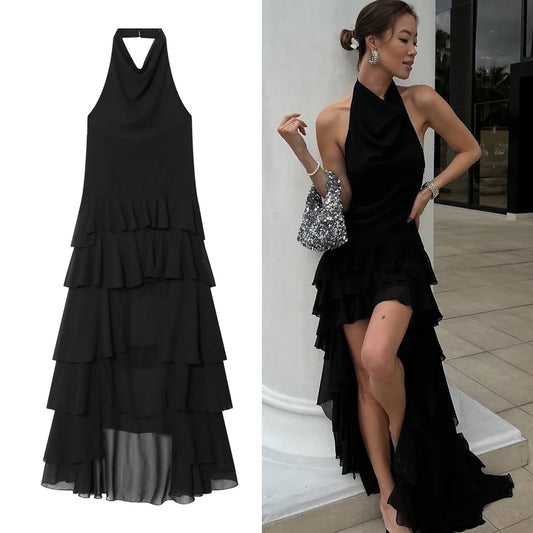 Pleated  Backless Corset Sleeveless Asymmetrical Layered Ruffled Tulle Halter Dress