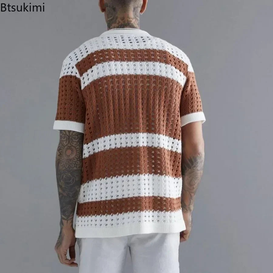 Striped Patchwork Knitted Shirts for Men Summer Short-sleeved Hollow Out Tops