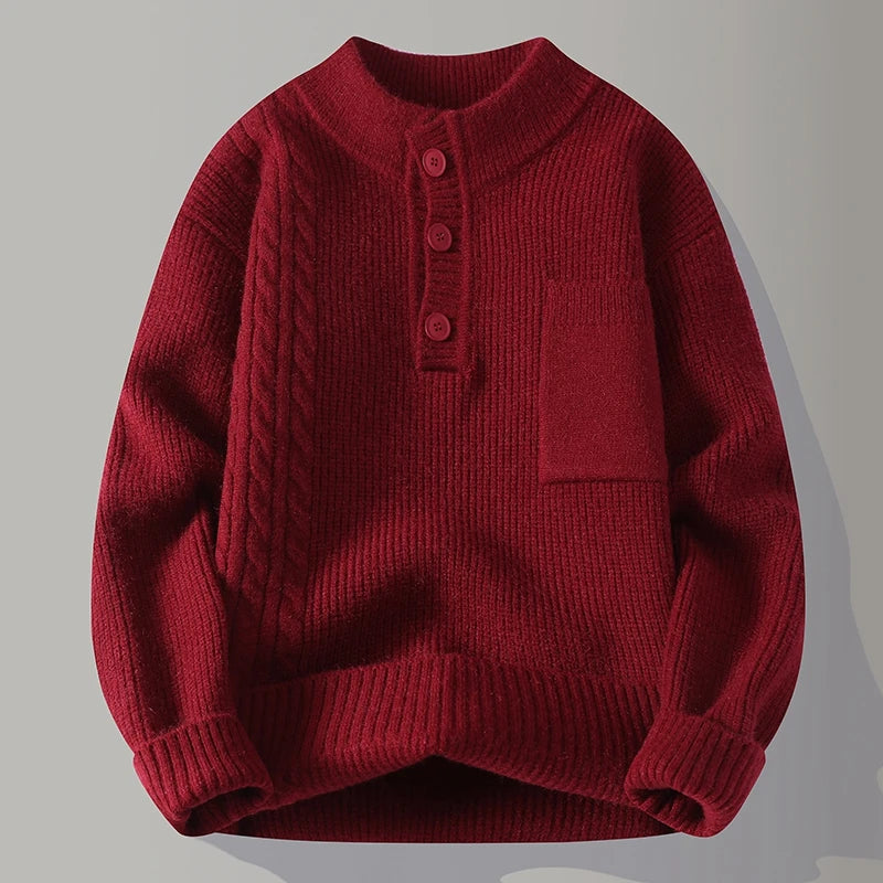 Men's Designer Original Cable Knit Henley Sweater Mock Neck Chest Pocket