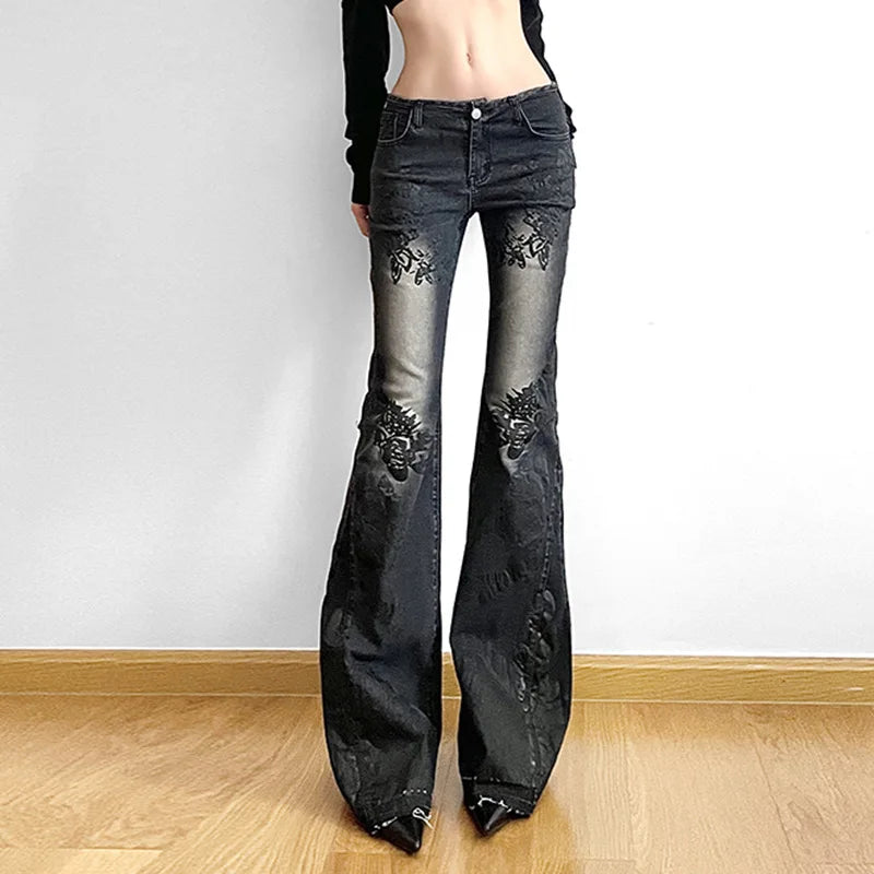Women's Jeans  New American Retro Street Style Plant Print Washed Vintage Low-Rise Flare Pants