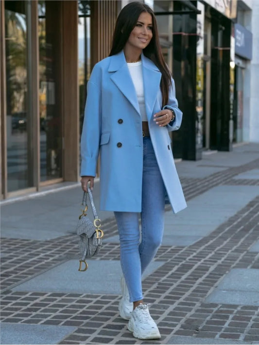 Blue Long Sleeve Fashion Casual Ladies Coats