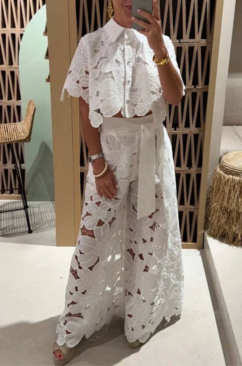Elegant Women's Sets Sexy Lace Hollow Shirt Short Top + Wide-leg Pants