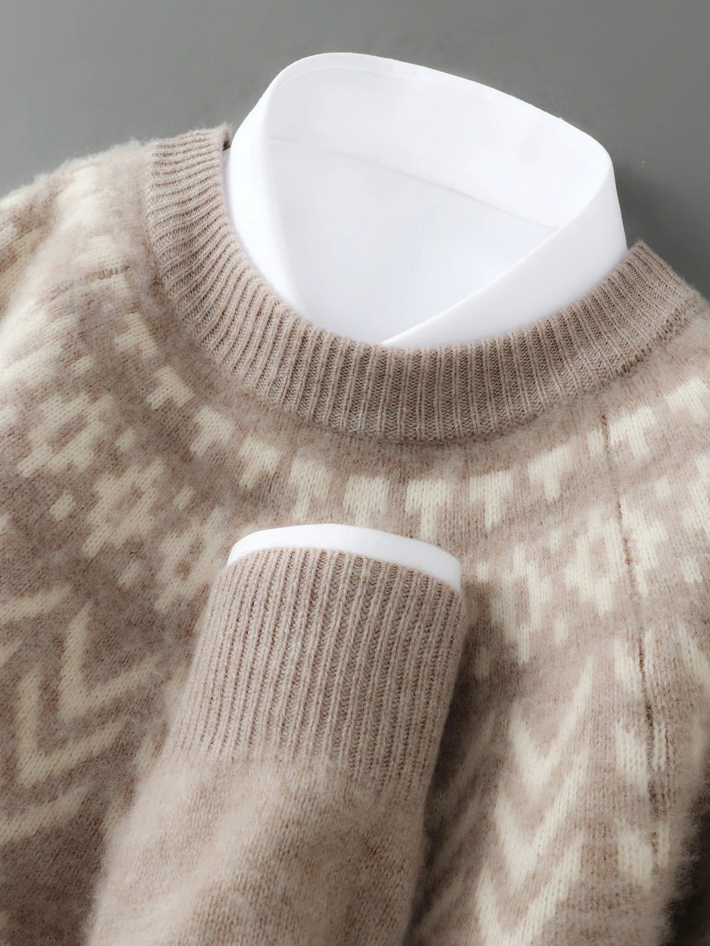 Merino Wool Pullover Sweater O-neck Fair Isle Jacquard