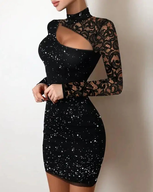 Skinny Glitter Contrast Lace Cutout Bodycon Dress