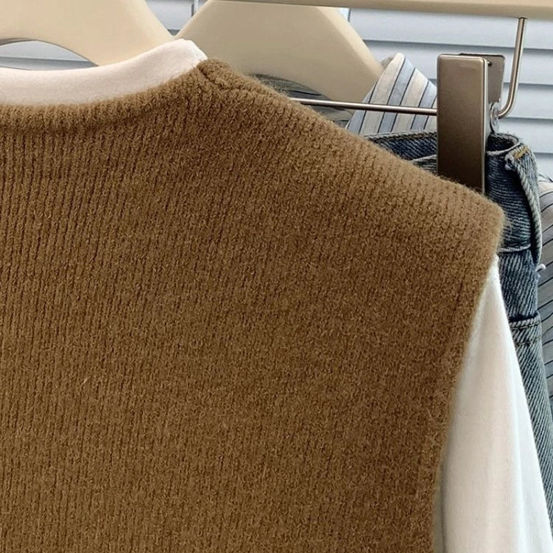 Women's Soft Knitted Vest Button deep V-Neck Sleeveless Fall Cardigan
