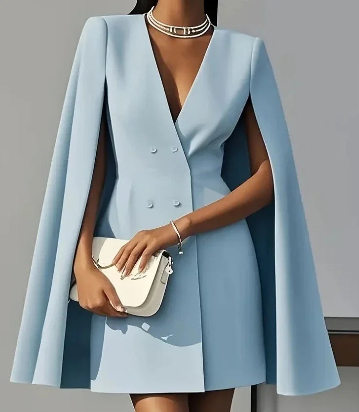 Double Breasted Shawl Cape Solid Color V-Neck Mini Dress
