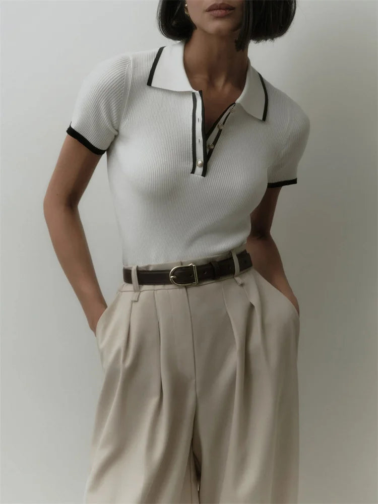Knit Sweater Pullover Women Short Sleeve Patchwork