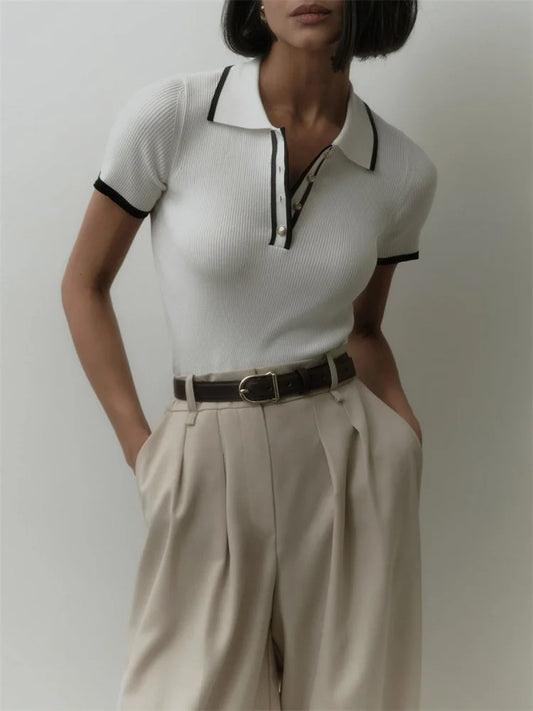Knit Sweater Pullover Women Short Sleeve Patchwork