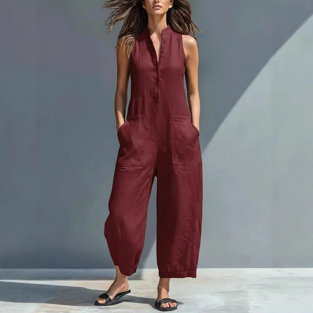 Cotton And Linen Jumpsuit Women Stand Collar Sleeveless Pocket