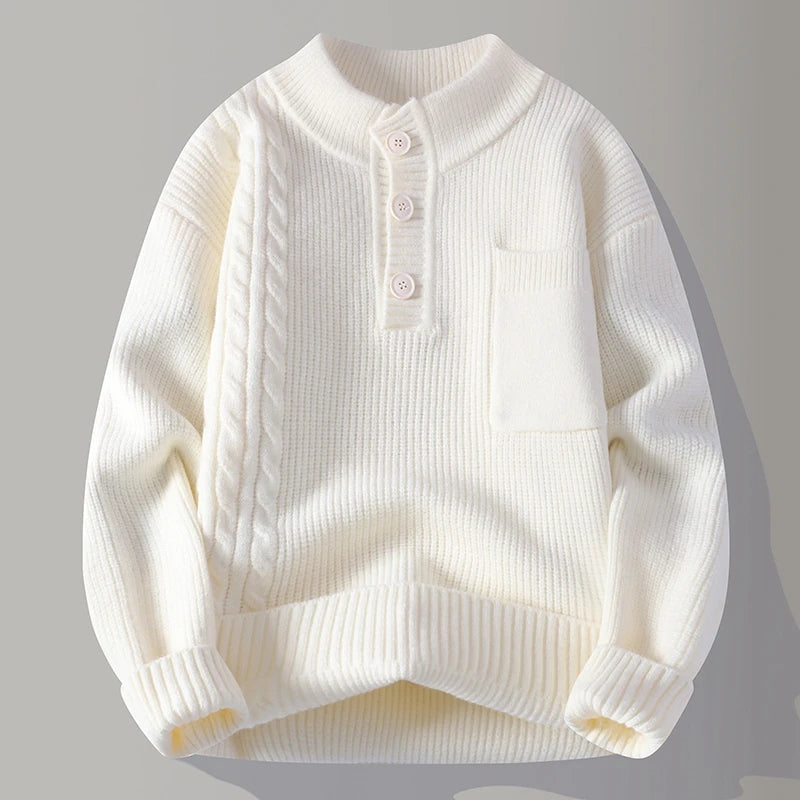 Men's Designer Original Cable Knit Henley Sweater Mock Neck Chest Pocket