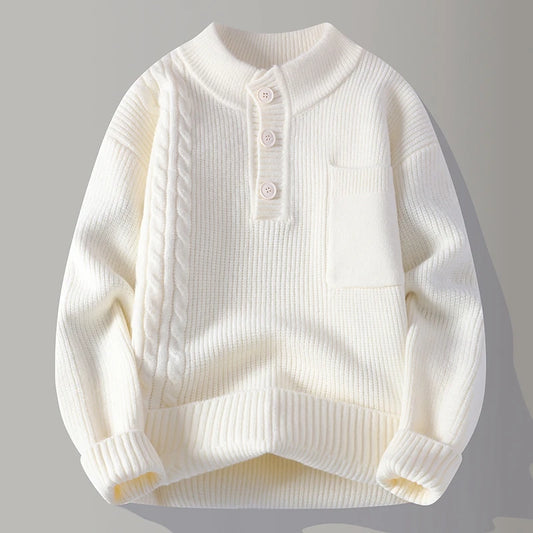 Men's Designer Original Cable Knit Henley Sweater Mock Neck Chest Pocket
