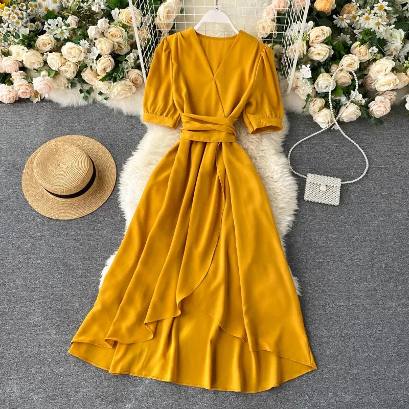New Temperament V-neck Solid Color Bubble Short-sleeved Dress