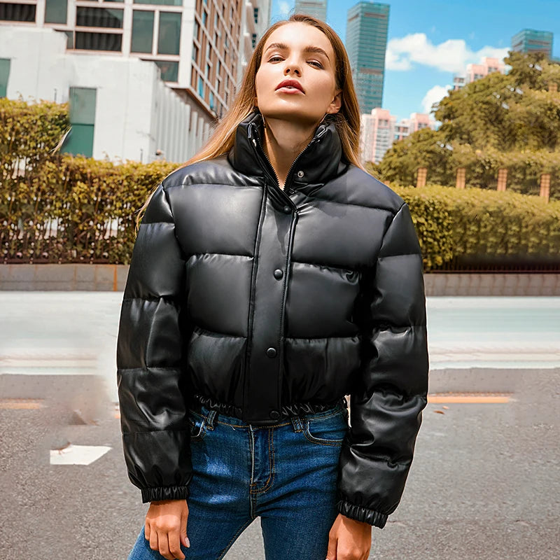 Women Black PU Leather Parkas Elegant Zipper Coat Cotton Padded Punk Outwear