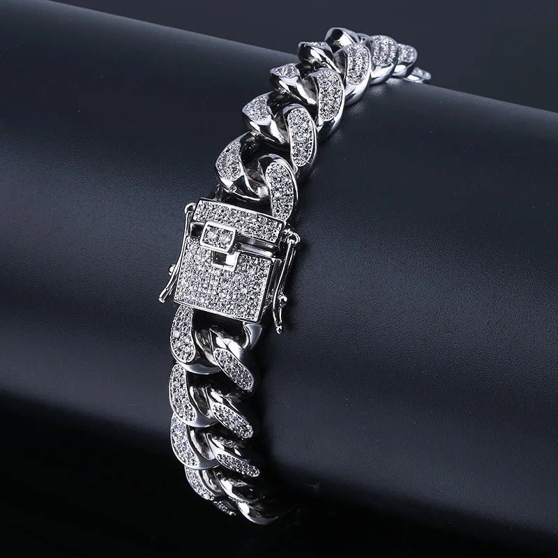 Luxury Iced Out Cuban Link Chain Bracelet for Men Paved Crystal Hip-Hop Jewelry Stainless Steel